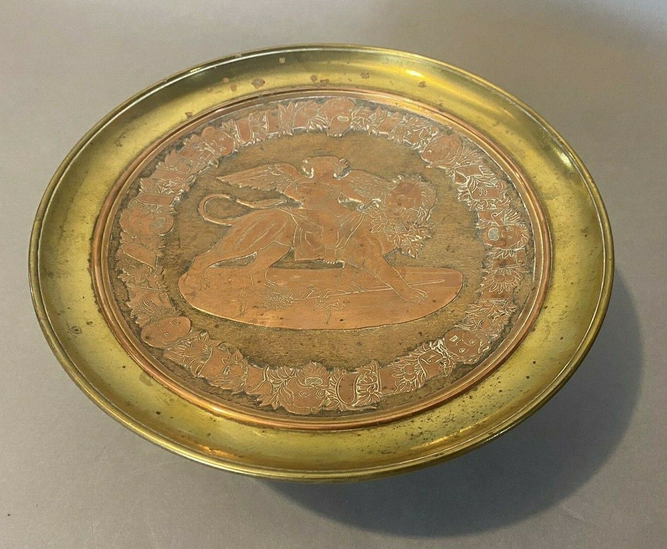 ANTIQUE VICTORIAN MIXED METAL TAZZA CALLING CARD DISH WINGED CUPID RIDING A LION