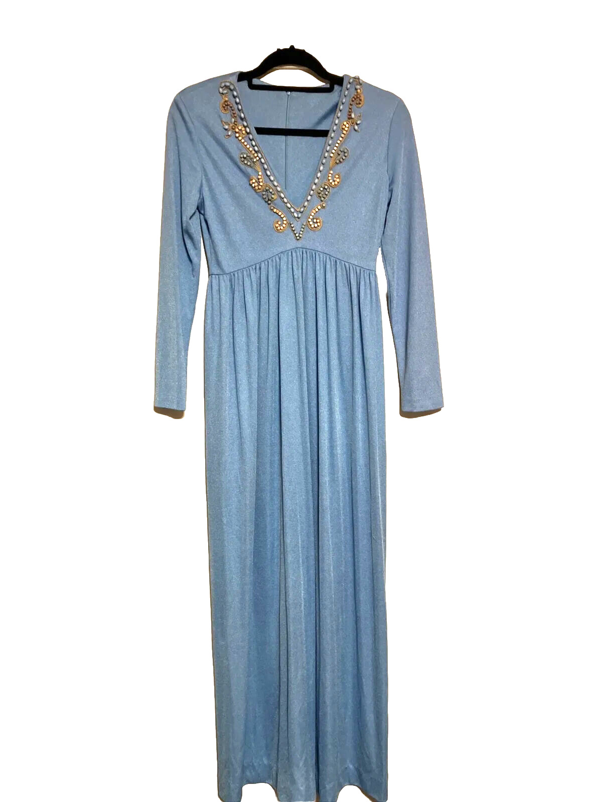 VTG HIPPIE Fabulous 70s Shimmer Powder Blue Art Beaded Long Slv Maxi Dress S-M