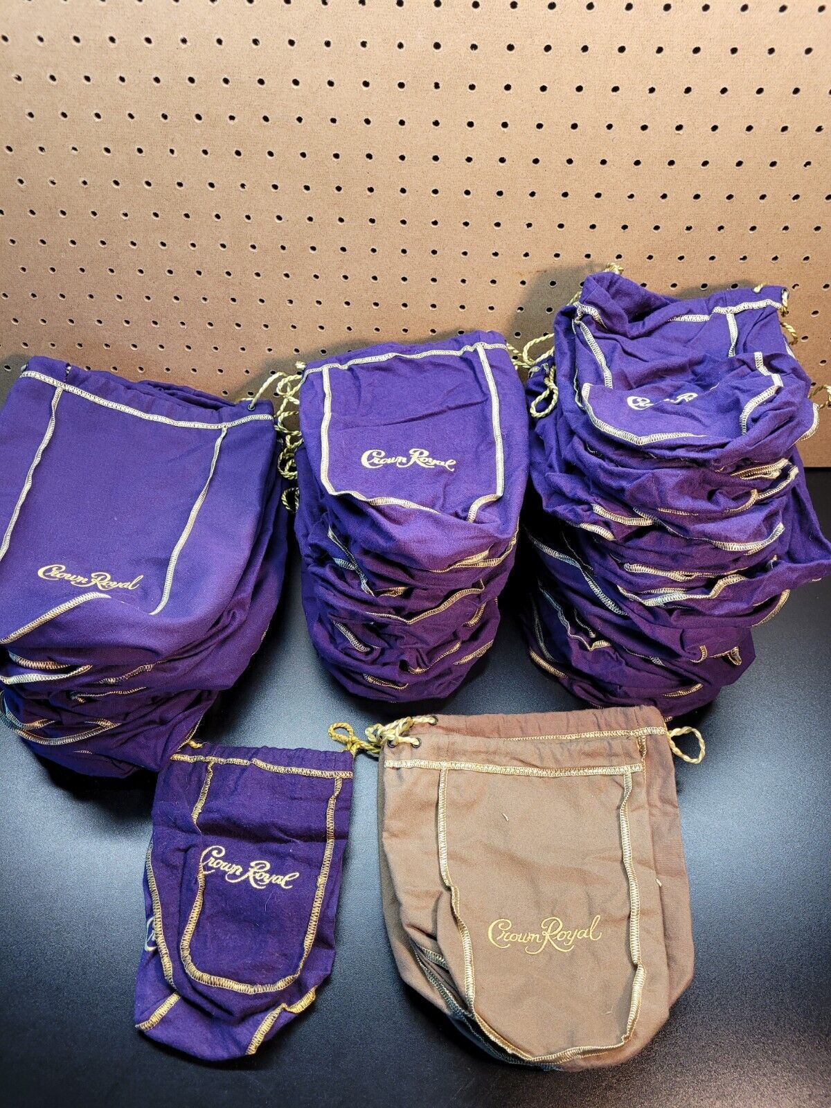Lot of 63 Crown Royal Bags - Small Medium Large Tan Purple