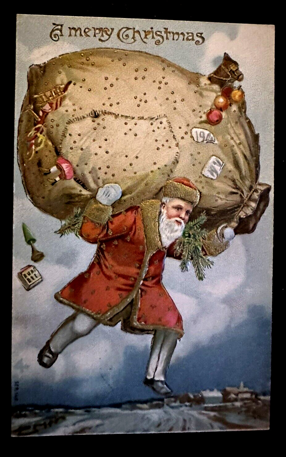 Santa Claus with Giant Sack Full of Toys~Fruit~Antique Christmas Postcard~h752