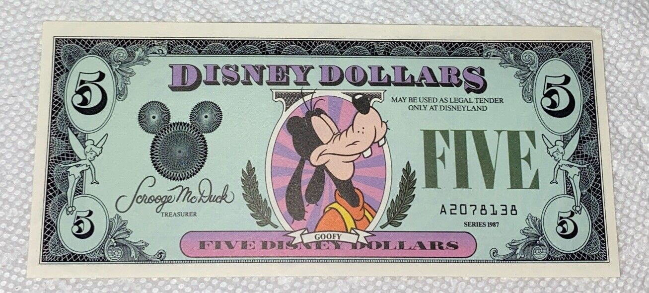 1987-A Block. $5 Disney Dollars. Goofy. Disneyland. CU.