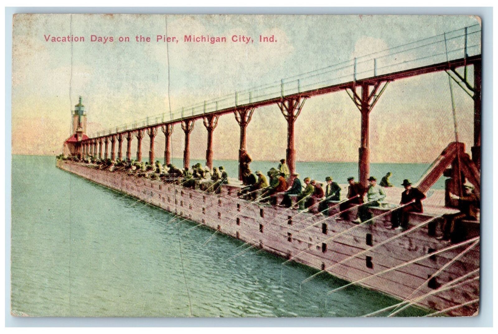 c1910 Vacation Days On The Pier Fishing Michigan City Indiana Antique Postcard
