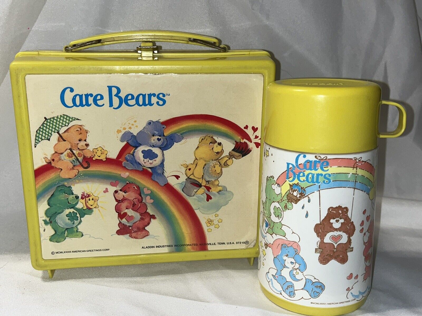 Vtg Aladdin 1983 Care Bears Plastic Yellow Lunchbox Rainbow w/Thermos