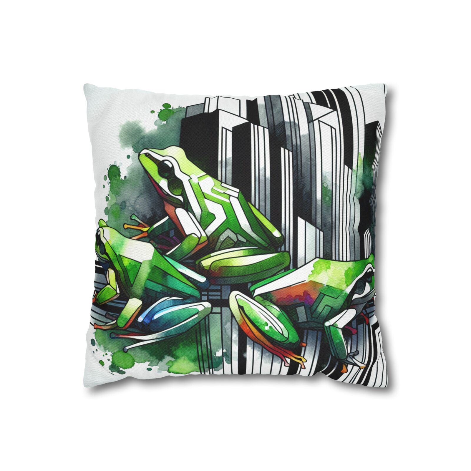 Polyester Square Pillowcase Art Deco Vibrant Watercolor Frogs Retro Home Decor