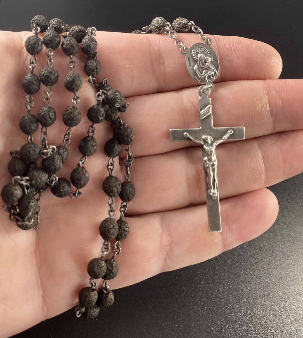 Vintage Sterling Silver Inri Rosary Black Lava Rock Beads Fine Religious