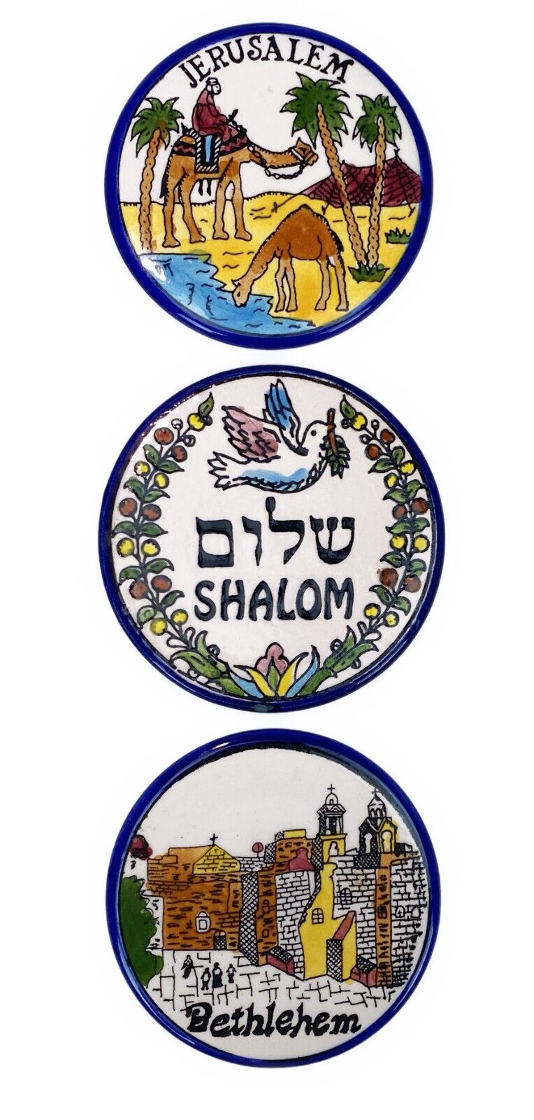 3 Jerusalem Bethlehem Shalom Wall Plaque Plates Coasters Ceramic Holy Land Israe