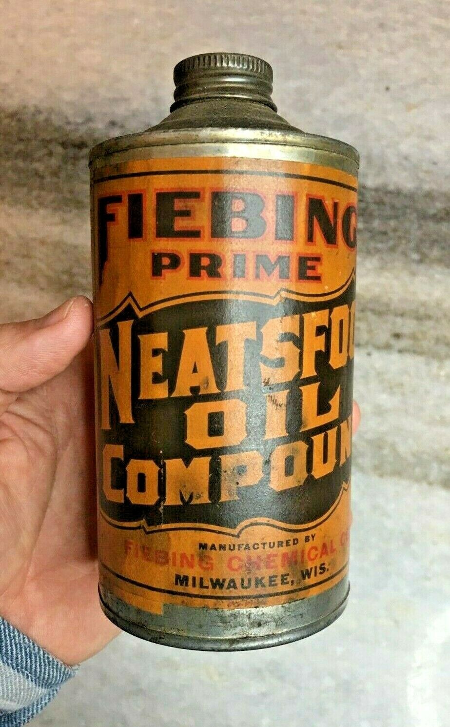 Early Antique Fiebing\'s Neatsfoot Oil Compound Milwaukee WI Wisconsin 1 Pint Can