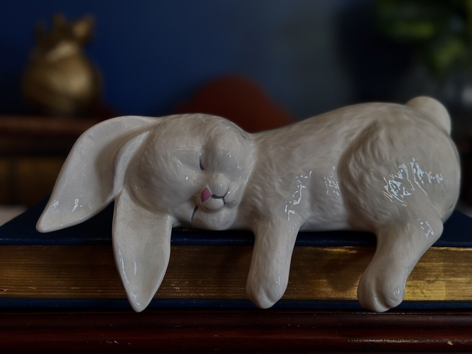 Vintage Sleeping Bunny Rabbit Shelf Sitter Hugger Ceramic Easter Nursery Decor