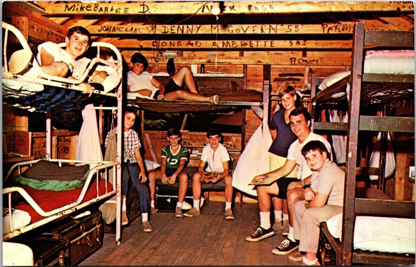 Boys in Cabin Bunks Camp Notre Dame Lake Spotford New Hampshire Postcard Chrome
