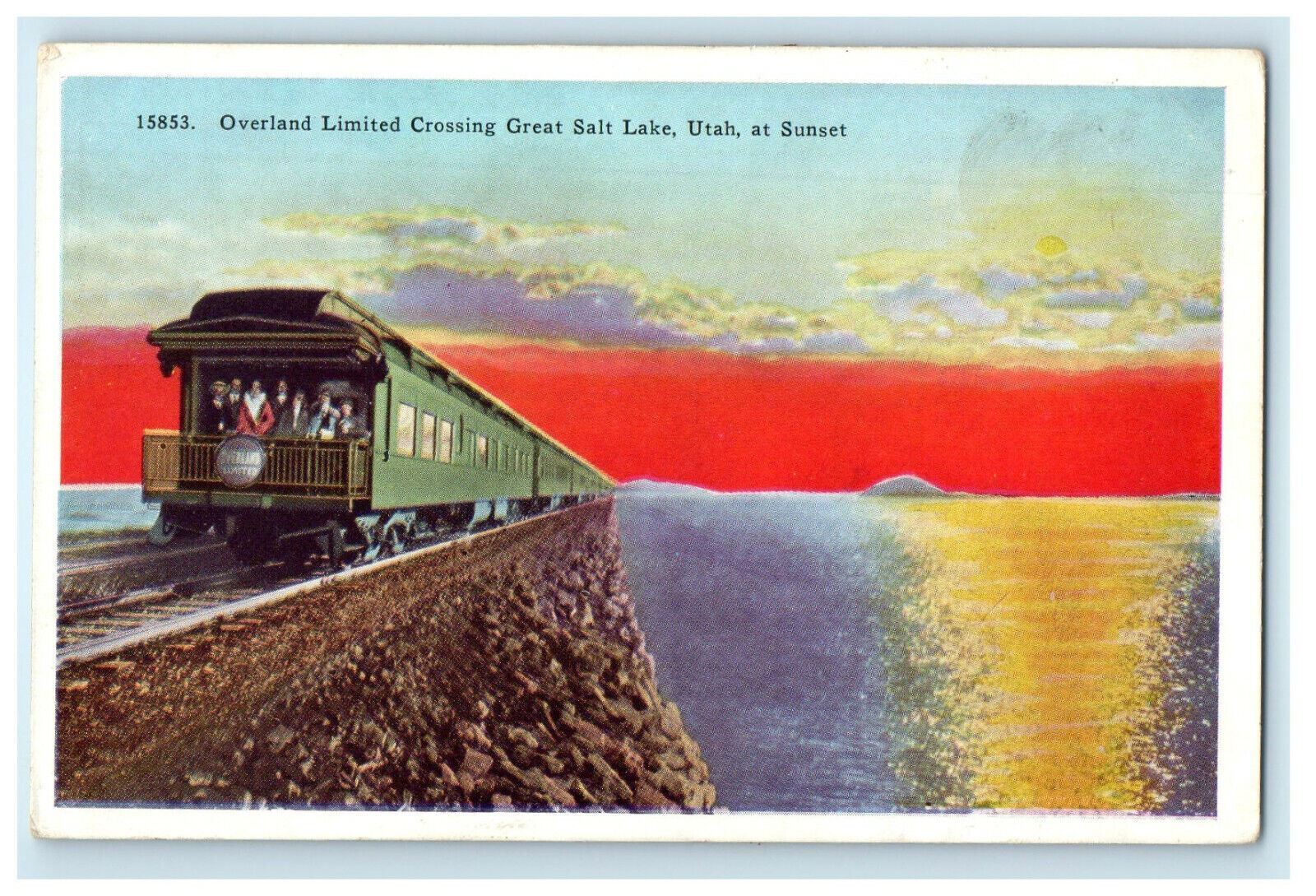 c1910s Overland Limited Locomotive Crossing Lucin Cut-Off at Sunset Postcard