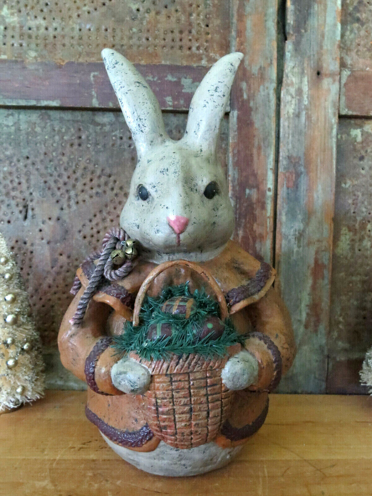 Paper Mache Easter Bunny Country Grubby Primitive Rabbit w Basket Redware eggs