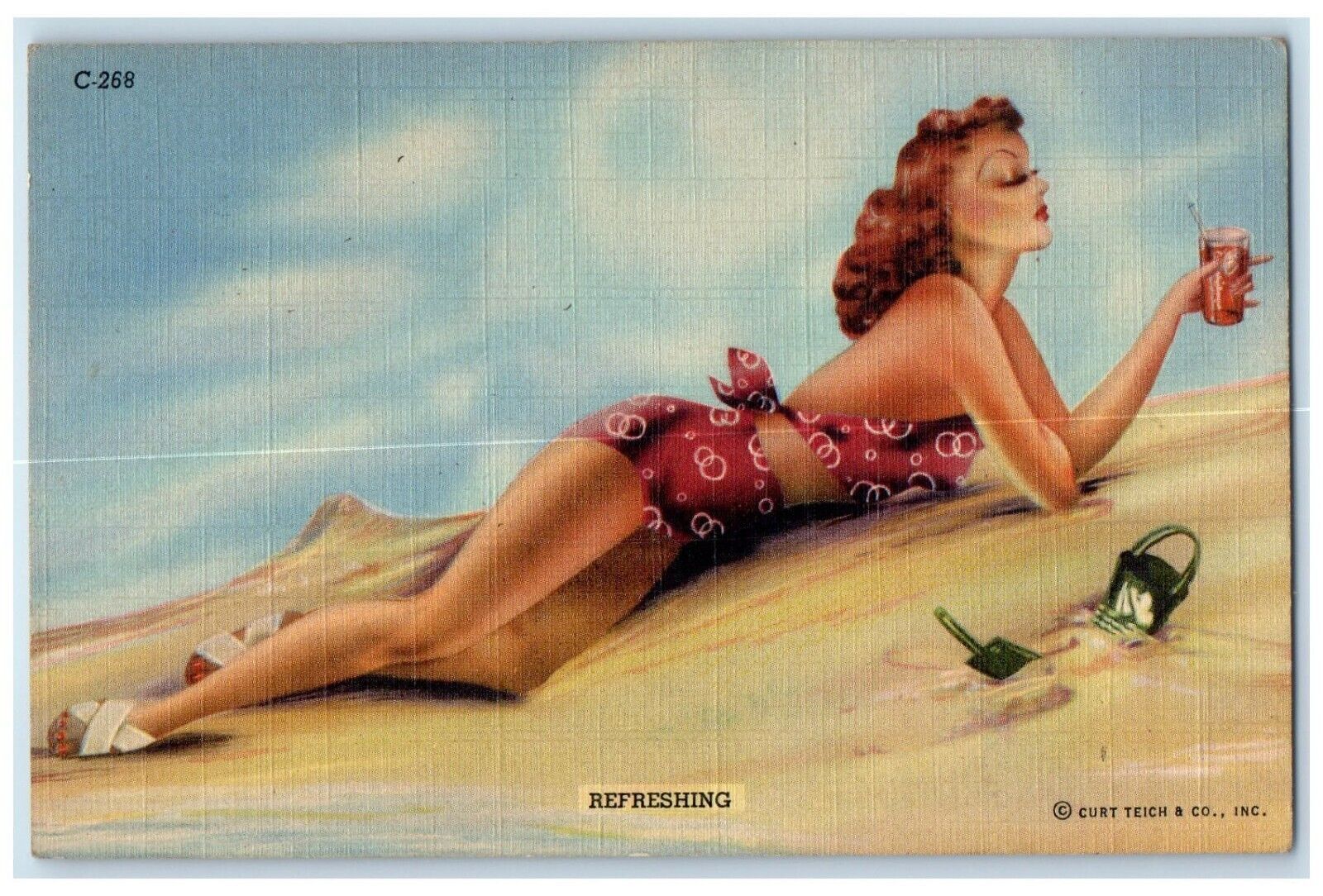 c1930\'s Beach Bathing Beauty Swimsuit Refreshing Drinking Juice Vintage Postcard