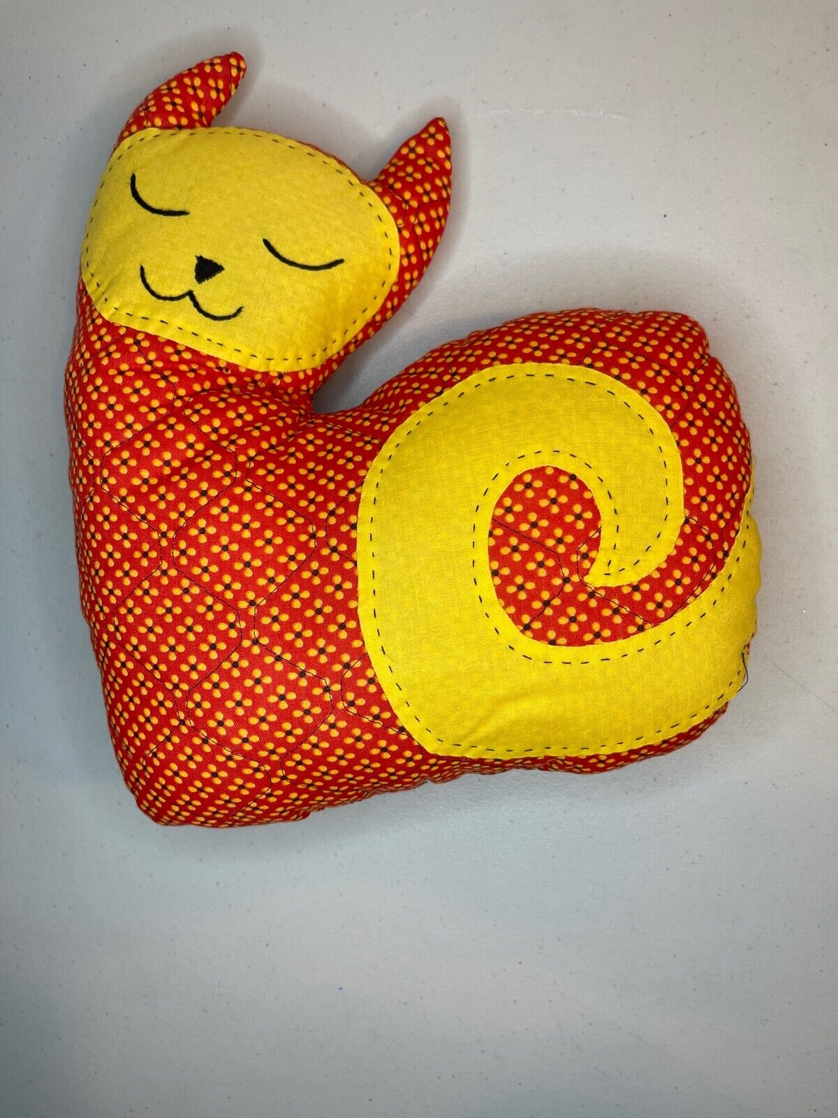 VTG Handmade Fabric Cat Pillow Yellow Orange