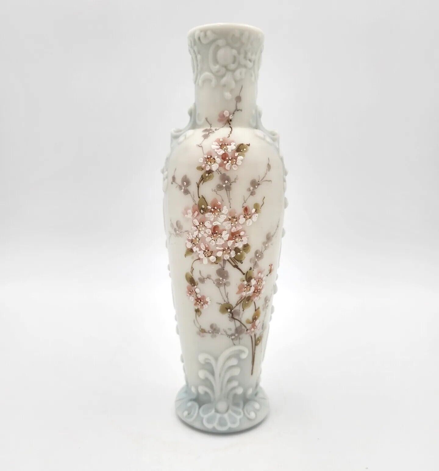 Antique Vintage C.F. Monroe Wave Crest Glass Vase Opaque Pink Flowers 10”