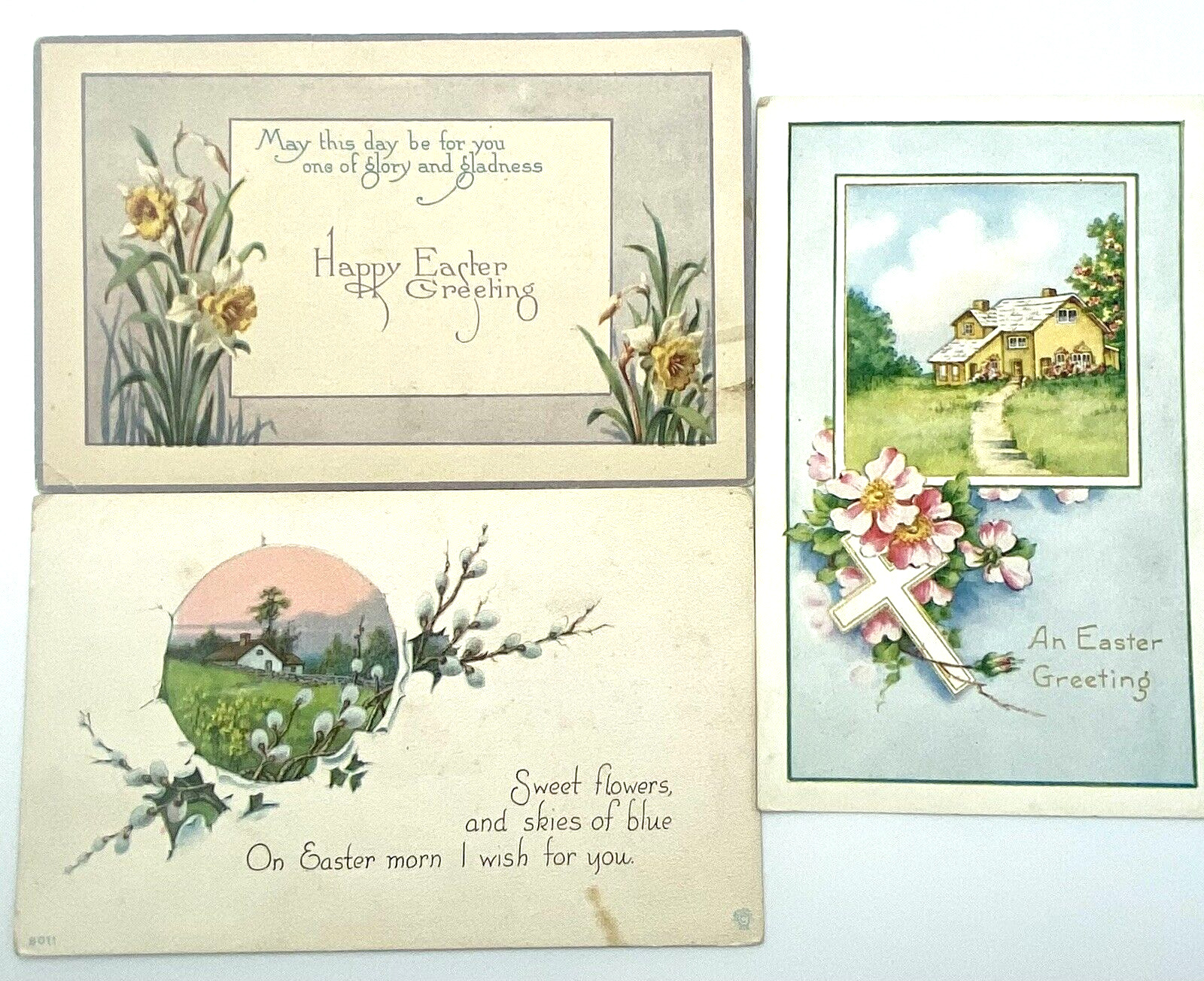(3) Vintage Easter Postcards Unused Lot 1900-1910s Crafts Mail Flowers Cross Art