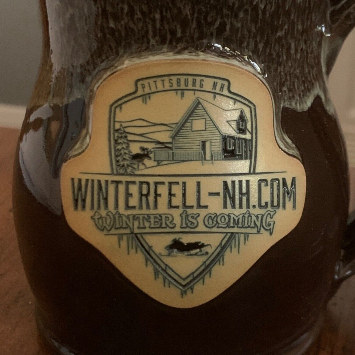 WINTERFELL-NH CABIN COFFEE MUG SNOWMOBILE 1ST CT LAKE MOOSE FISH PITTSBURG NH