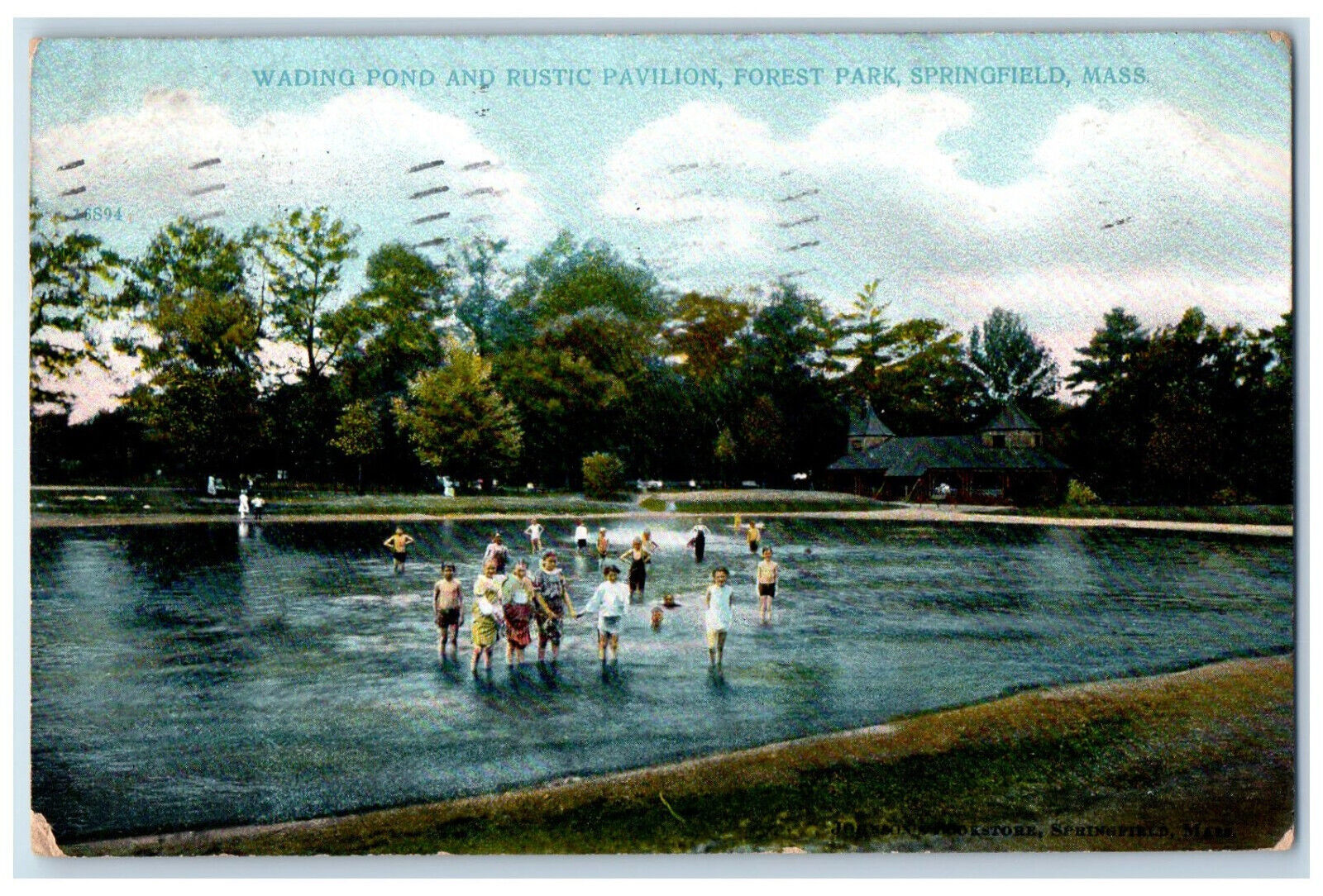 1908 Wading Pond and Rustic Pavilion Forest Park Springfield MA Postcard