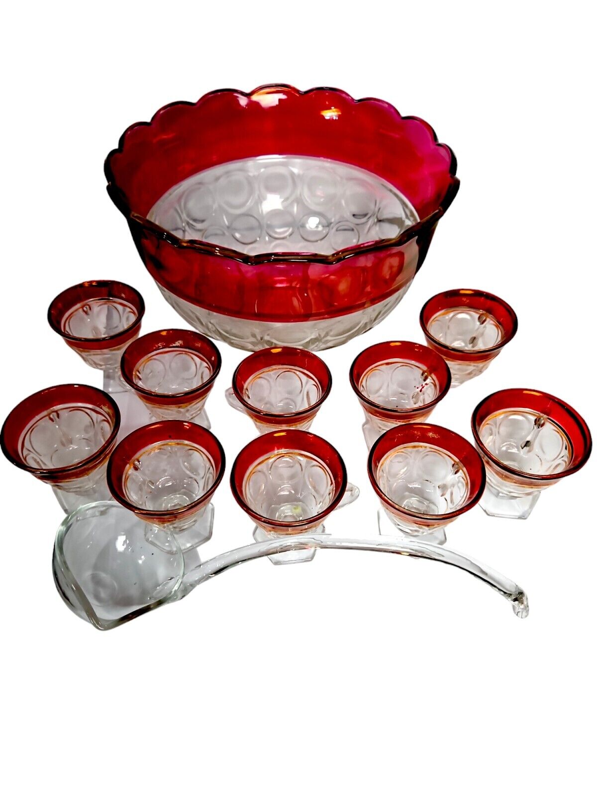 Vintage Kings Crown Cranberry Thumbprint Punch Bowl~10 Footed Cups~Indiana Glass