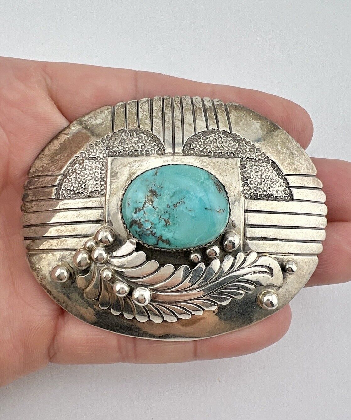 Vtg Navajo Sterling Silver Bisbee Turquoise Stamped Feather Flower Belt Buckle