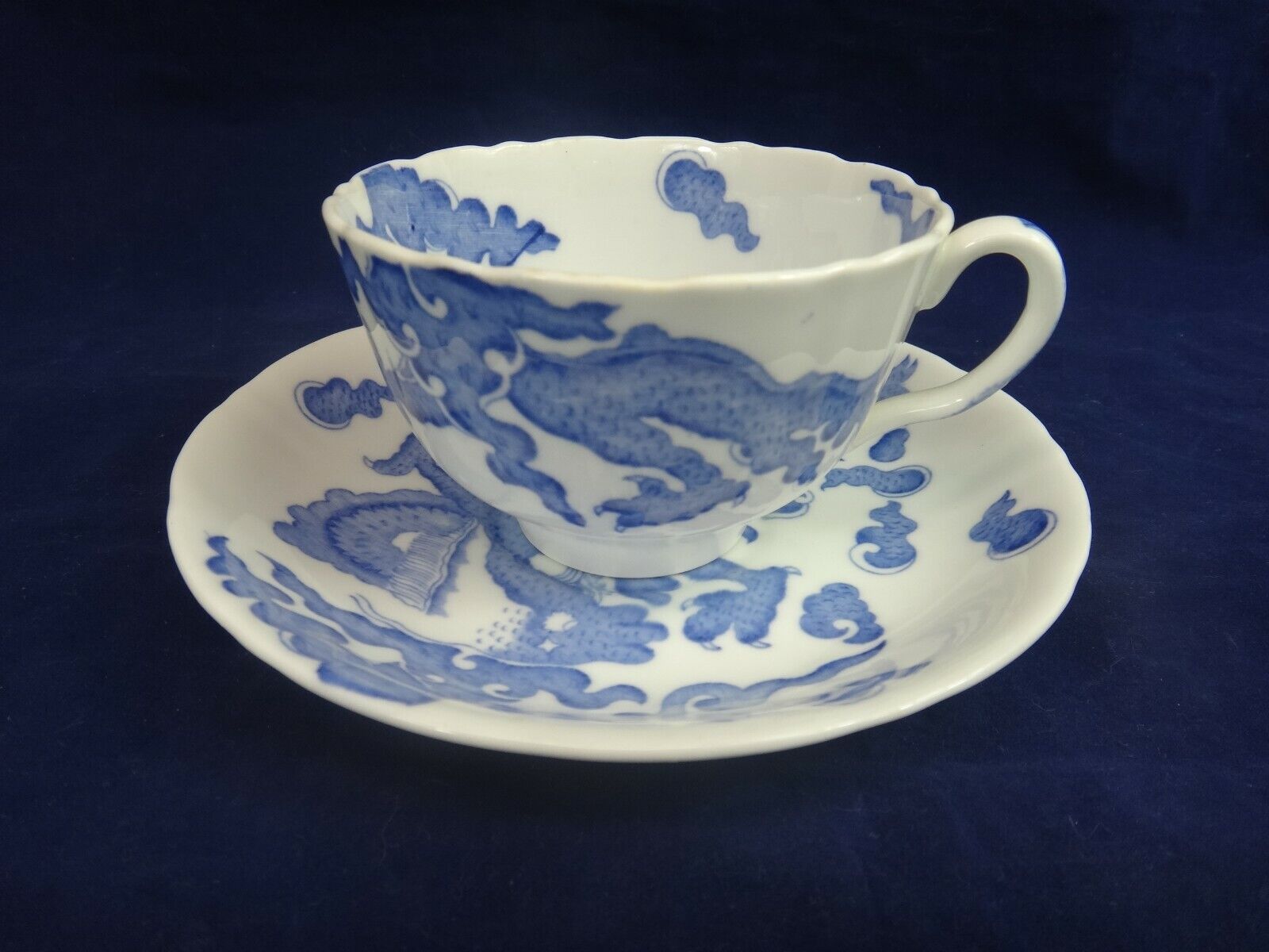 ANTIQUE  E. HUGHES FENTON PALADIN CUP AND SAUCER ~BLUE DRAGONS ~HARD TO FIND
