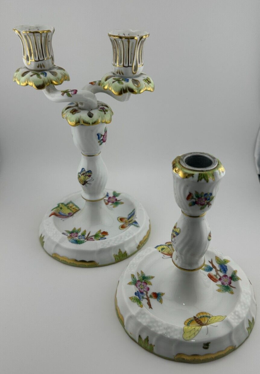 Vintage Herend Hungary 2 Candle Holders 1 Top Porcelain Flowers Butterflies 7915