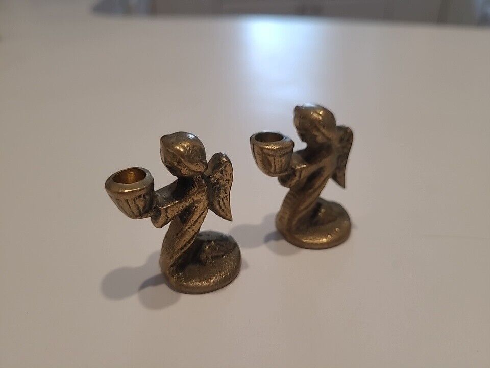 2 Vtg Miniature Brass Angel Candle Holders Candlesticks 1 1/2\
