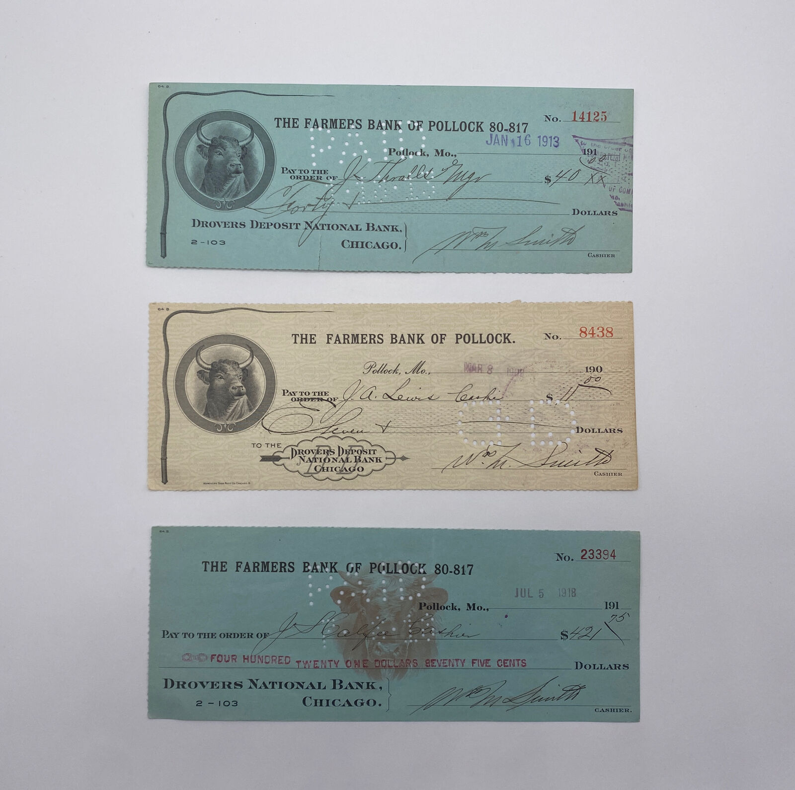 Lot Of 3 Antique Bank Checks 1909 1913 1918 Farmers Bank Of Pollock Chicago