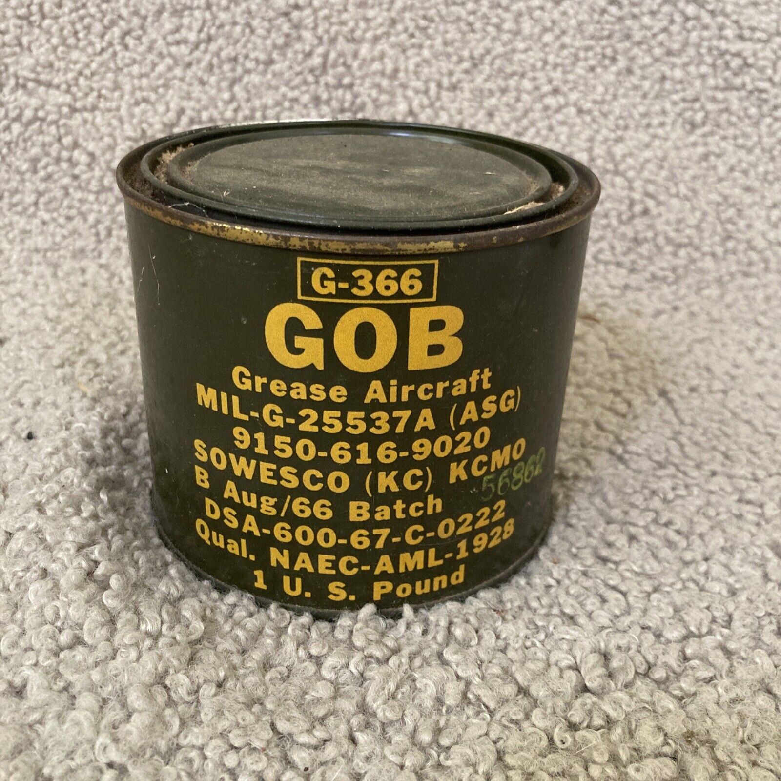 Vintage 1996 US Military G-366 GOB Aircraft Grease 1 Lb Container