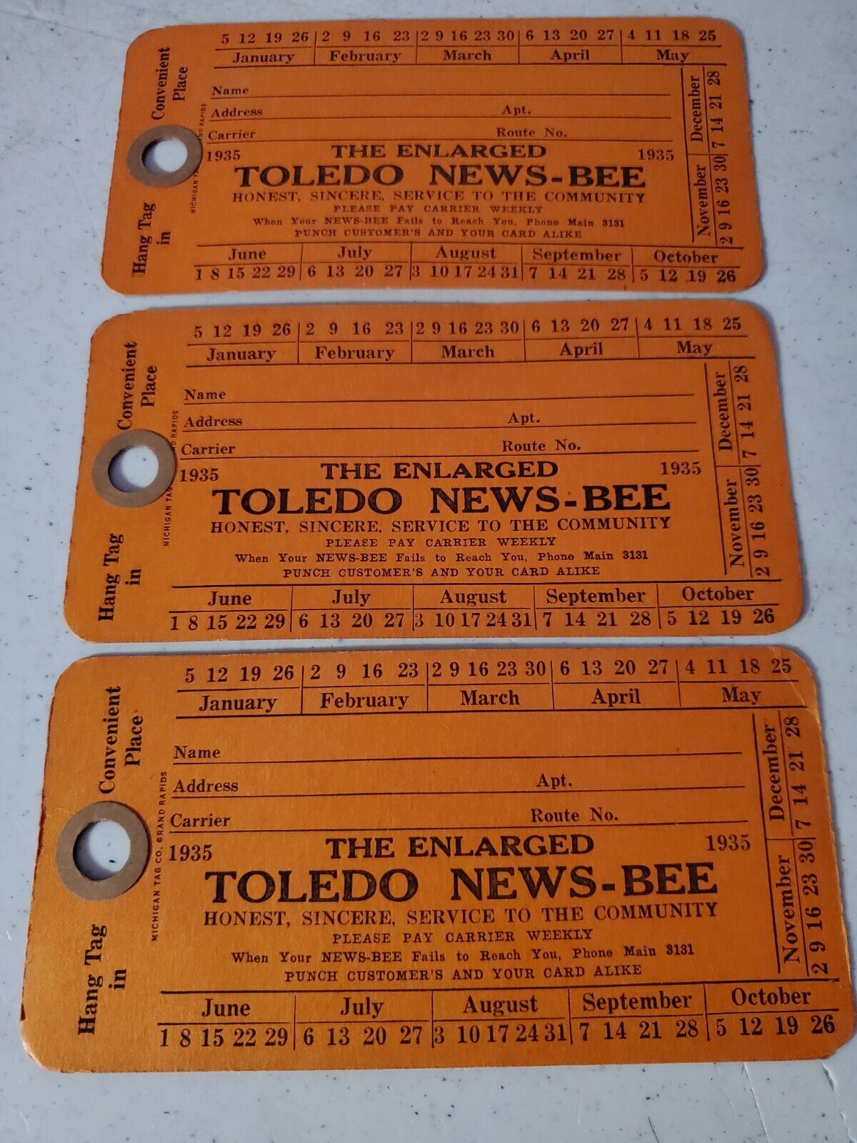 3 Lot Rare Vtg 1935 Toledo News Bee Newspaper Subscription Tickets Coupons Cards
