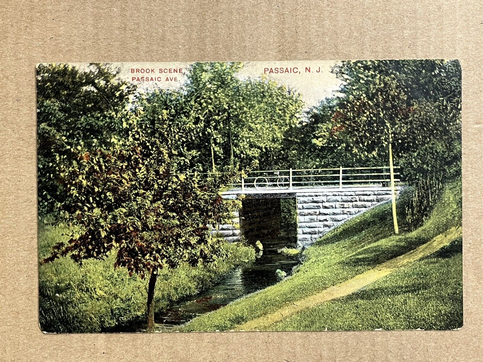 Postcard Passaic New Jersey Bridge Scenic Brook Old Bicycle Antique Posted 1909