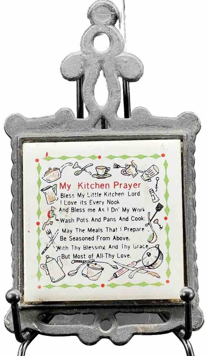 My Kitchen Prayer Ceramic Tile Trivet In Cast Iron Wall Decor Footed Vintage