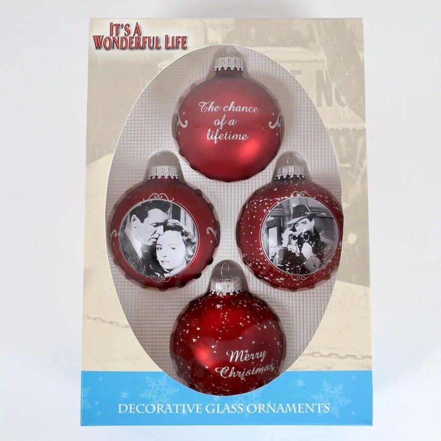 Enesco It\'s A Wonderful Life 4 Red Glass Ball Ornaments George & Mary Photos