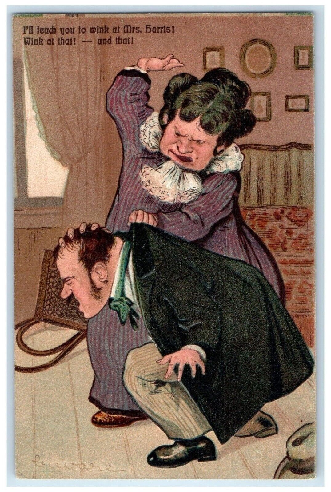 PFB Postcard Angry Wife Beaten Husband I\'ll Teach You To Wink At Mrs. Harris