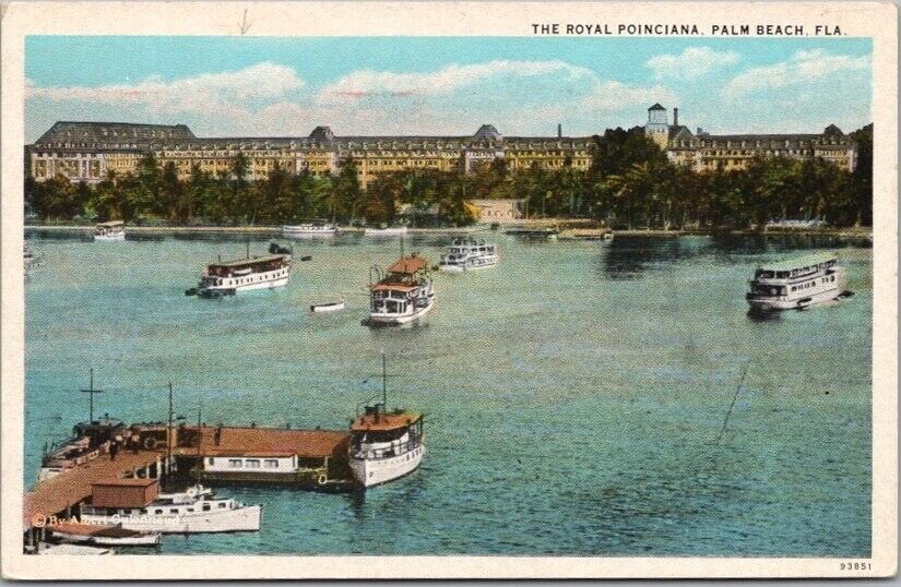 c1930s PALM BEACH, Florida Postcard ROYAL POINCIANA HOTEL Lake Panorama View