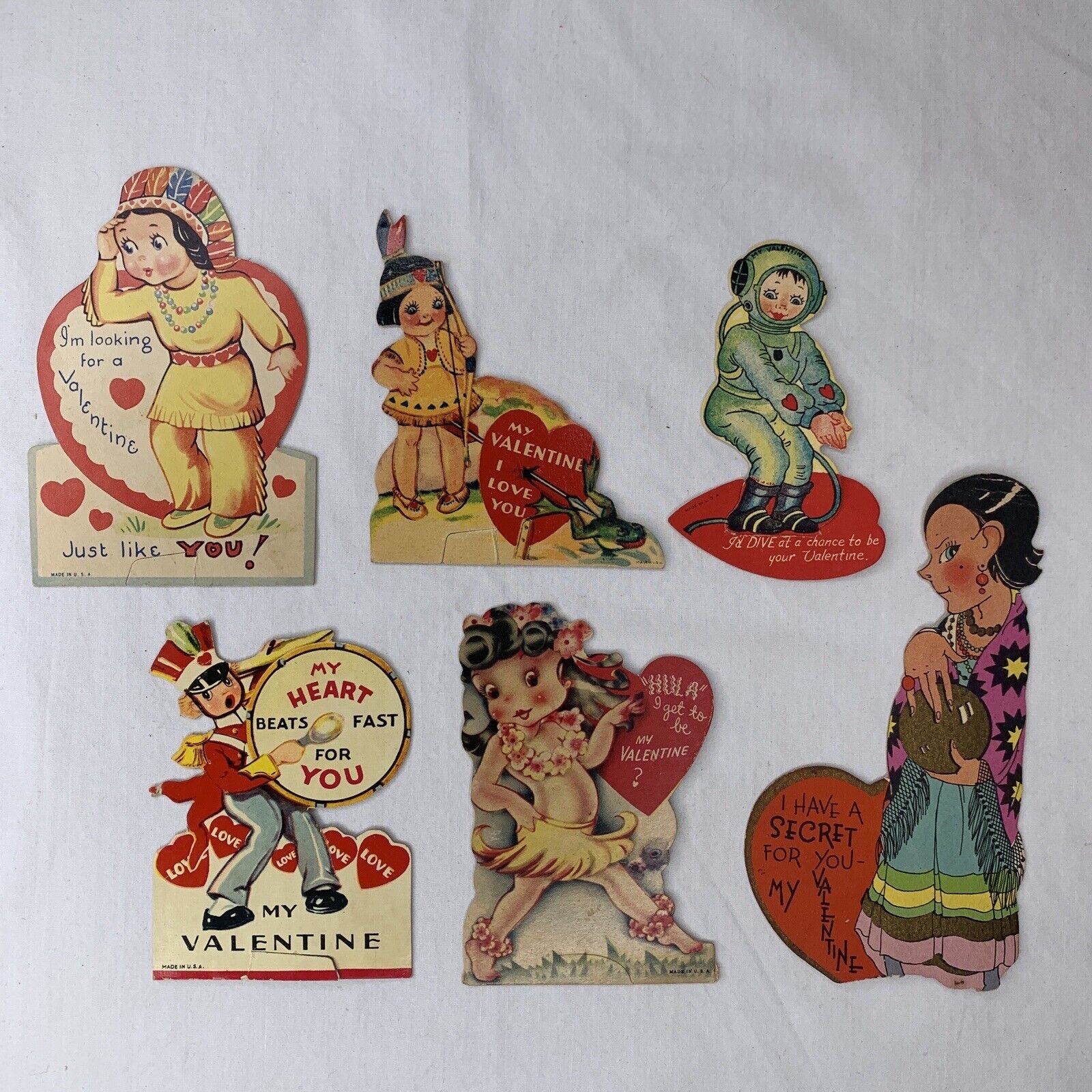 Vtg 1940s Valentine Cards Lot (6) Girls Folding Folded Kitschy Native American