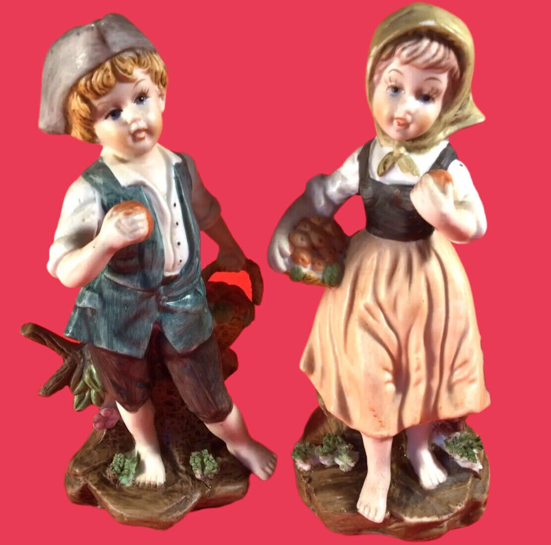 PRICE IMPORT CHILDREN FIGURINES PICKING APPLES VINTAGE HAND PAINTED LOT OF 2