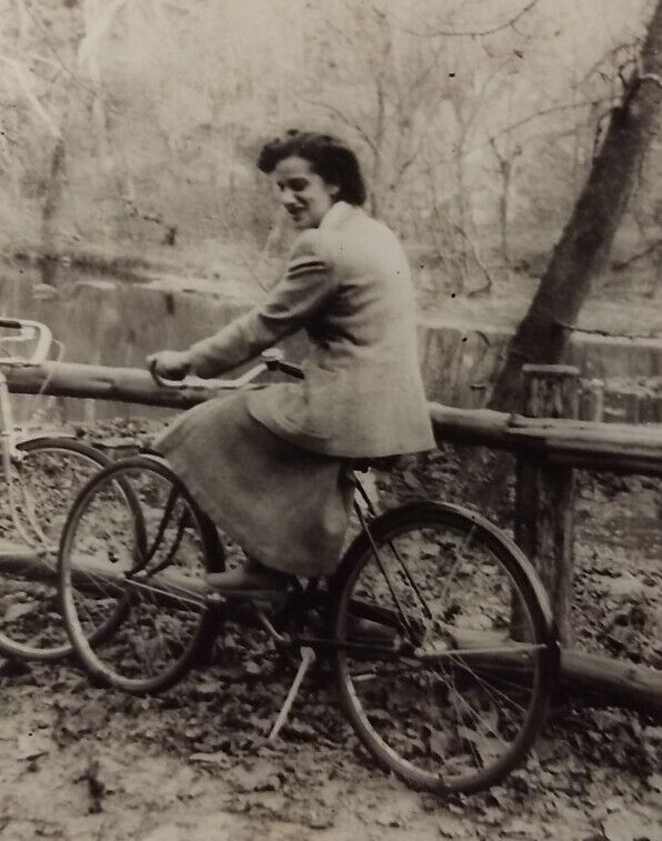 Vtg Photo Philadelphia , PA Woman on Bicycle Girl in Park Woods B&W Old Snapshot