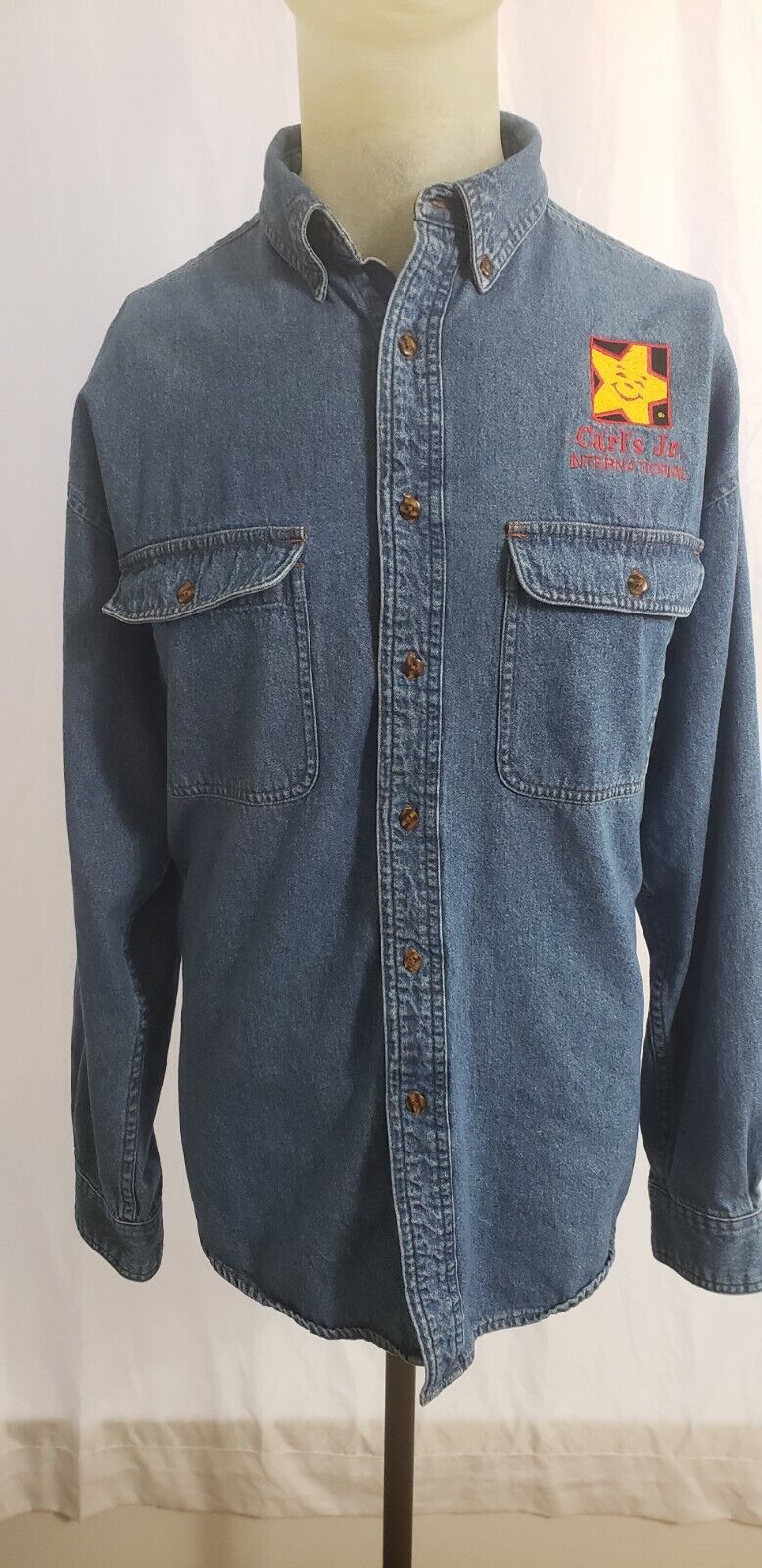 Carl\'s Jr. International Men\'s Denim Button Down Embroidered Shirt, Size X-Large