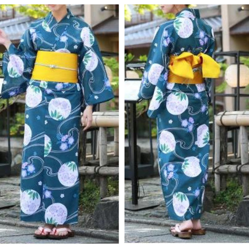 Japanese Womens\' Yukata Obi Footwear 3pcs Set Blue Green Summer Kimono Pre
