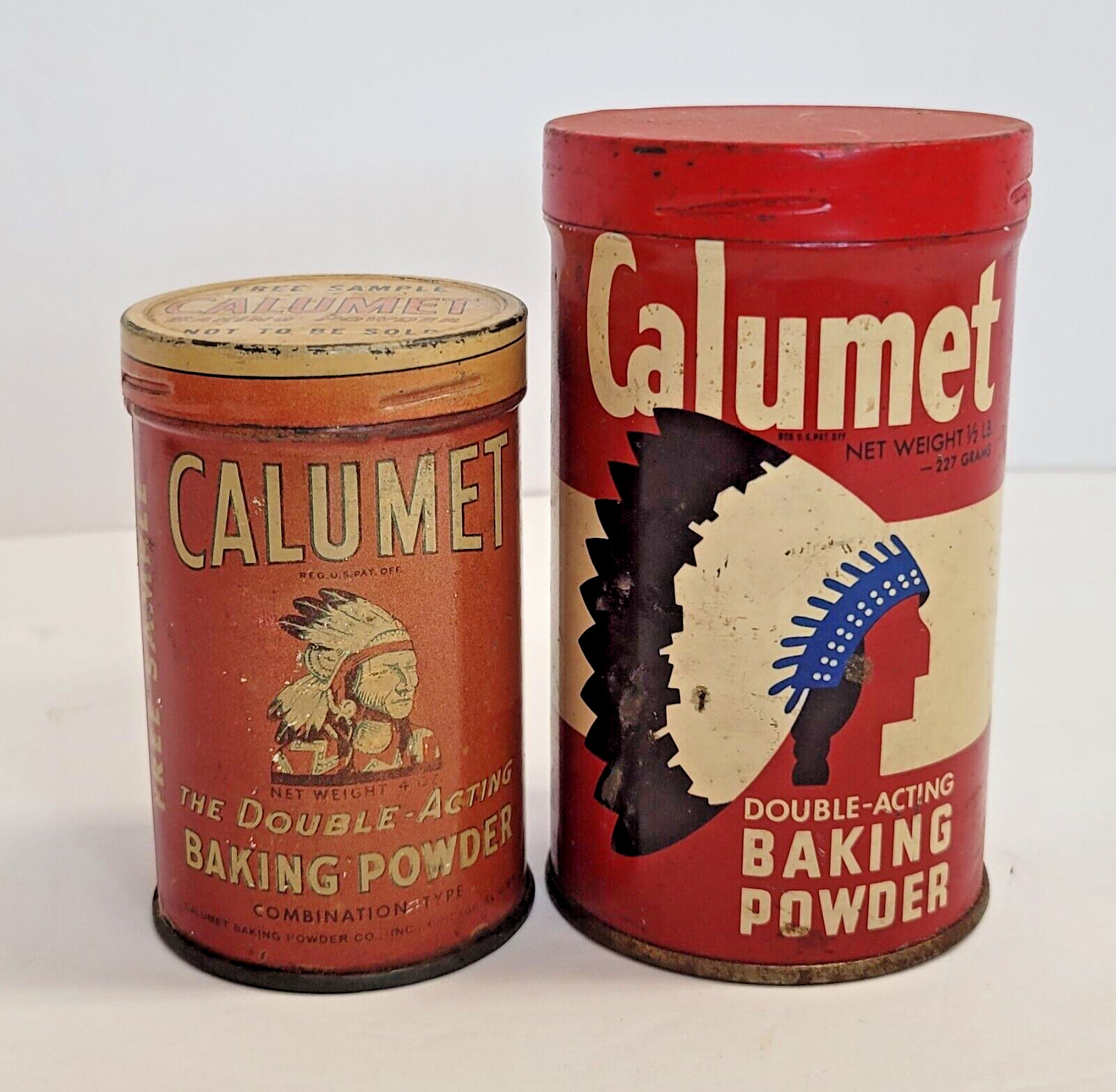 Lot of 2 Vintage Calumet Baking Powder Tins Free Sample Native American Indian