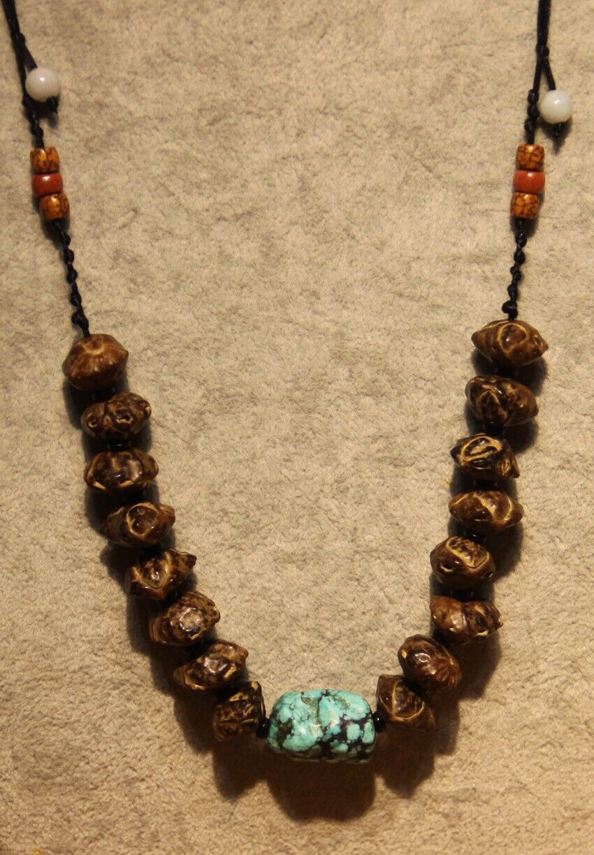 Rare Tibetan 19th Century Old Antique Buddhist Bodhi Turquoise Necklace Amulet