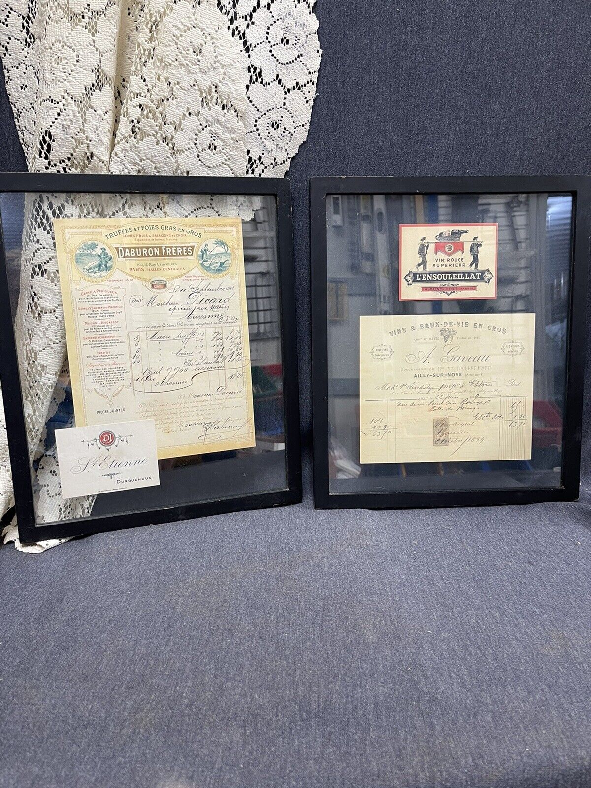 VINTAGE Pair RARE FRAMED WINE LABELS And Receipts ART DECOR Dated  1899 & 1913
