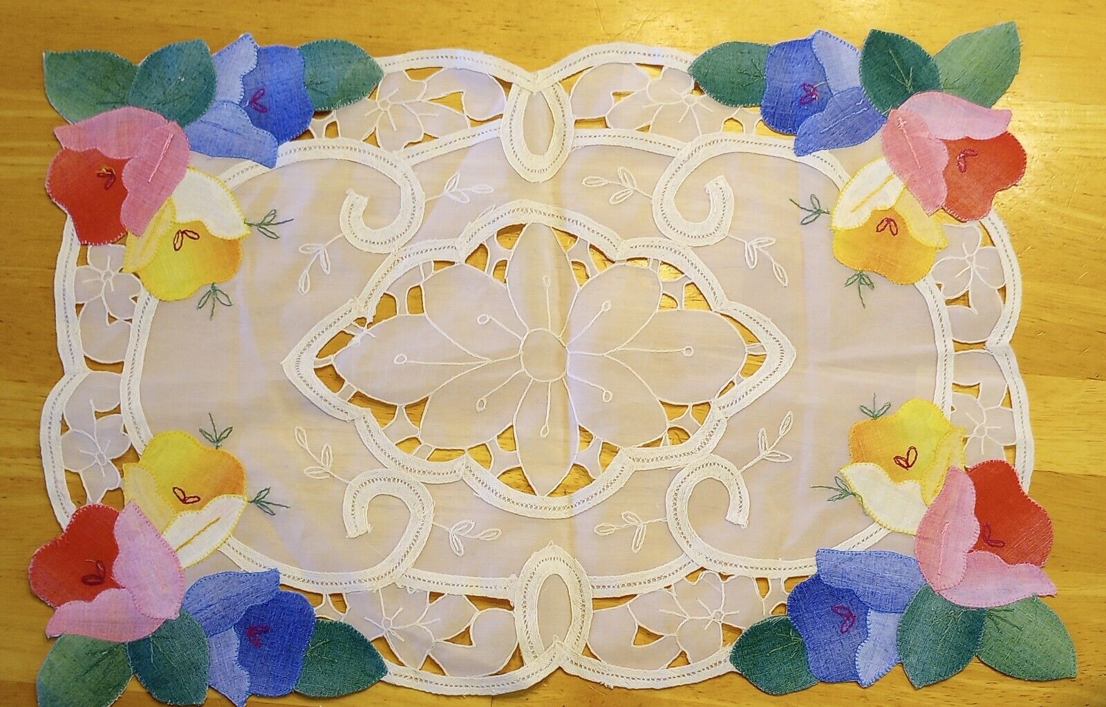 Off White Cut Work Doily Sheer Tulips Embroidery Applique Flower Placemat Spring
