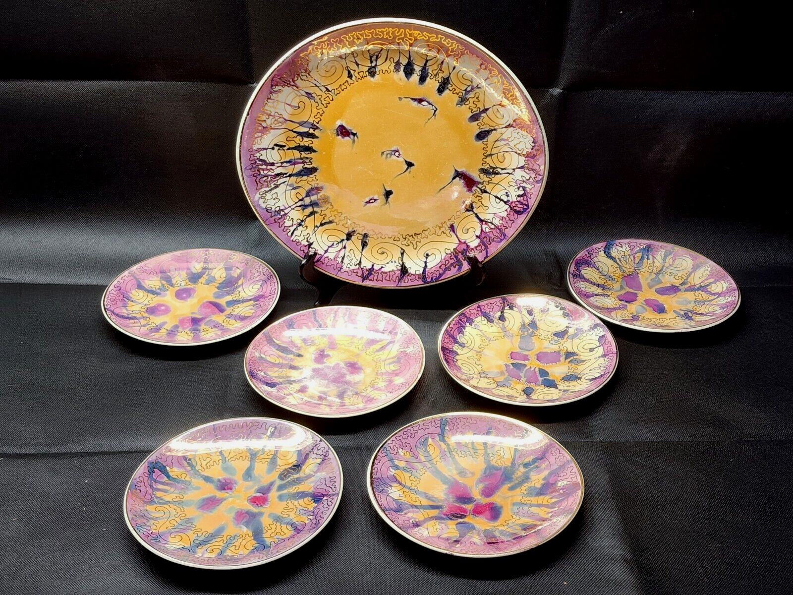 Vintage African Art HANDMADE & HAND PAINTED Colorful Platter & Plate Set Of 7