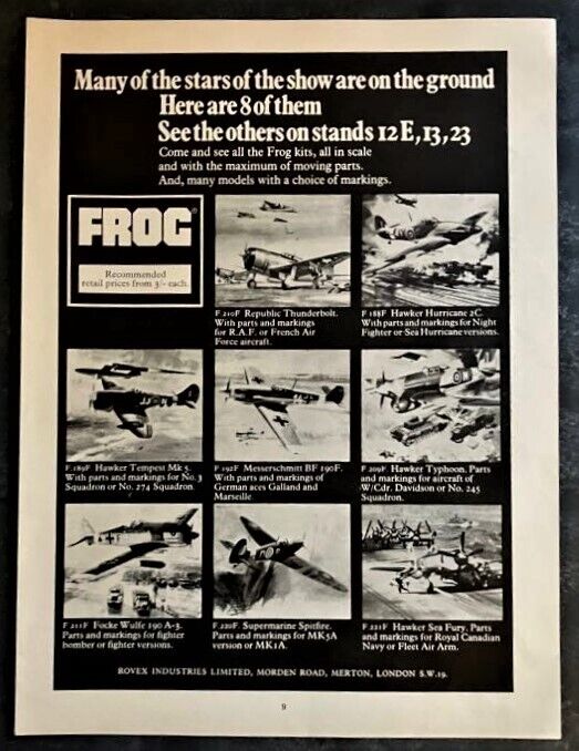 Frog Aircraft Kits Advert 1969 Hawker Hurricane Messerschmitt Spitfire Focke