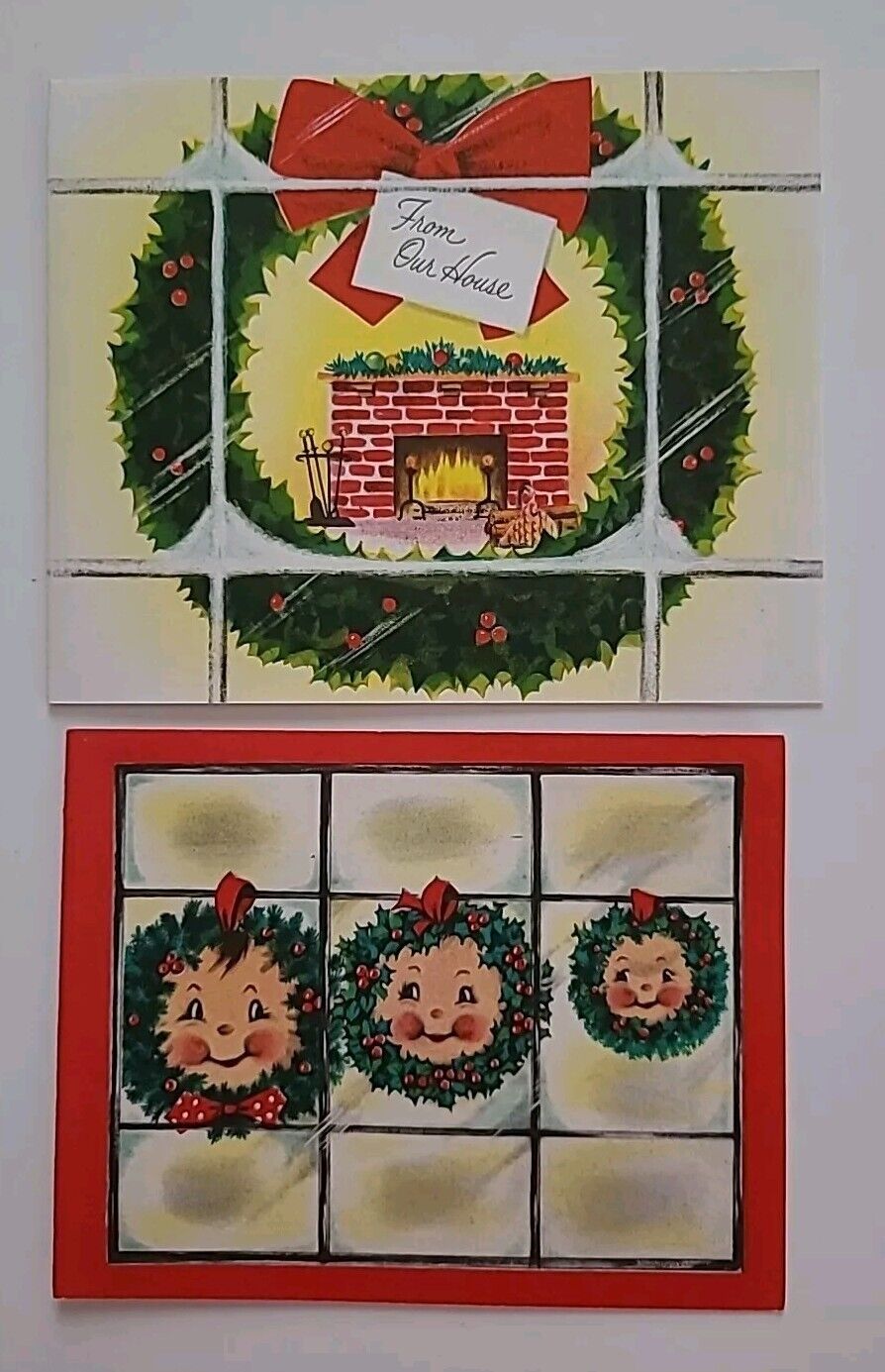 2 UNUSED Vtg Norcross ANTHROPOMORPHIC Wreaths & FIREPLACE CHRISTMAS CARDS