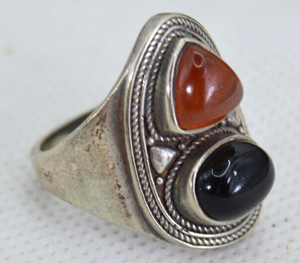Ancient Old Victorian Silver Vintage Ring With Natural Black Stones Rare Amazing