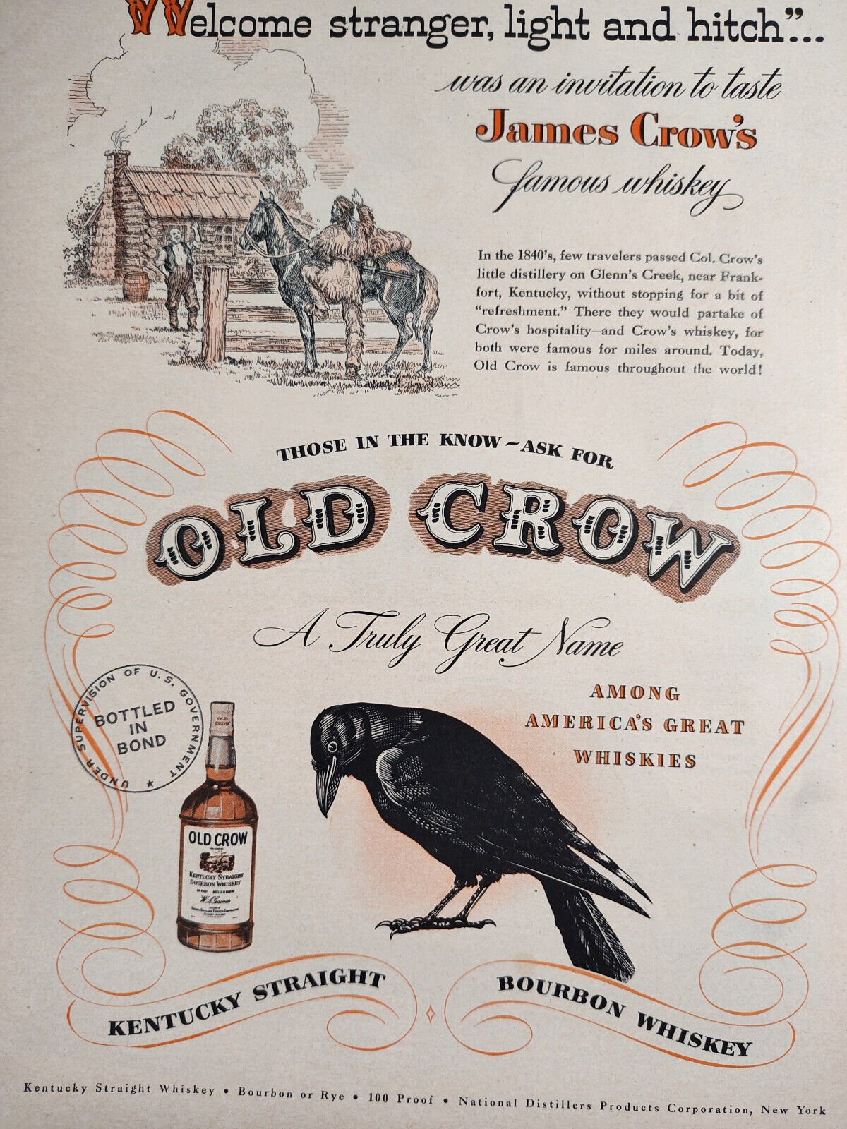 1948 Original Esquire Art Ad Advertisements Old Crow Whiskey Hamilton Watches