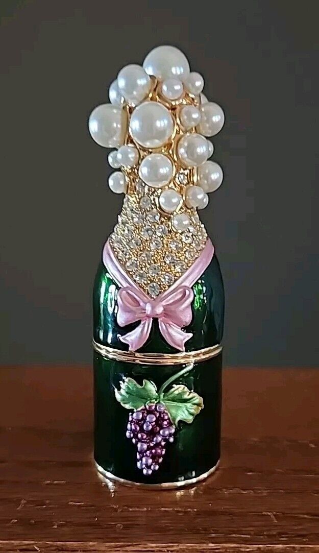 JERE Luxury Giftware Jeweled Pearls Crystals Enamel Champagne Bottle Trinket Box