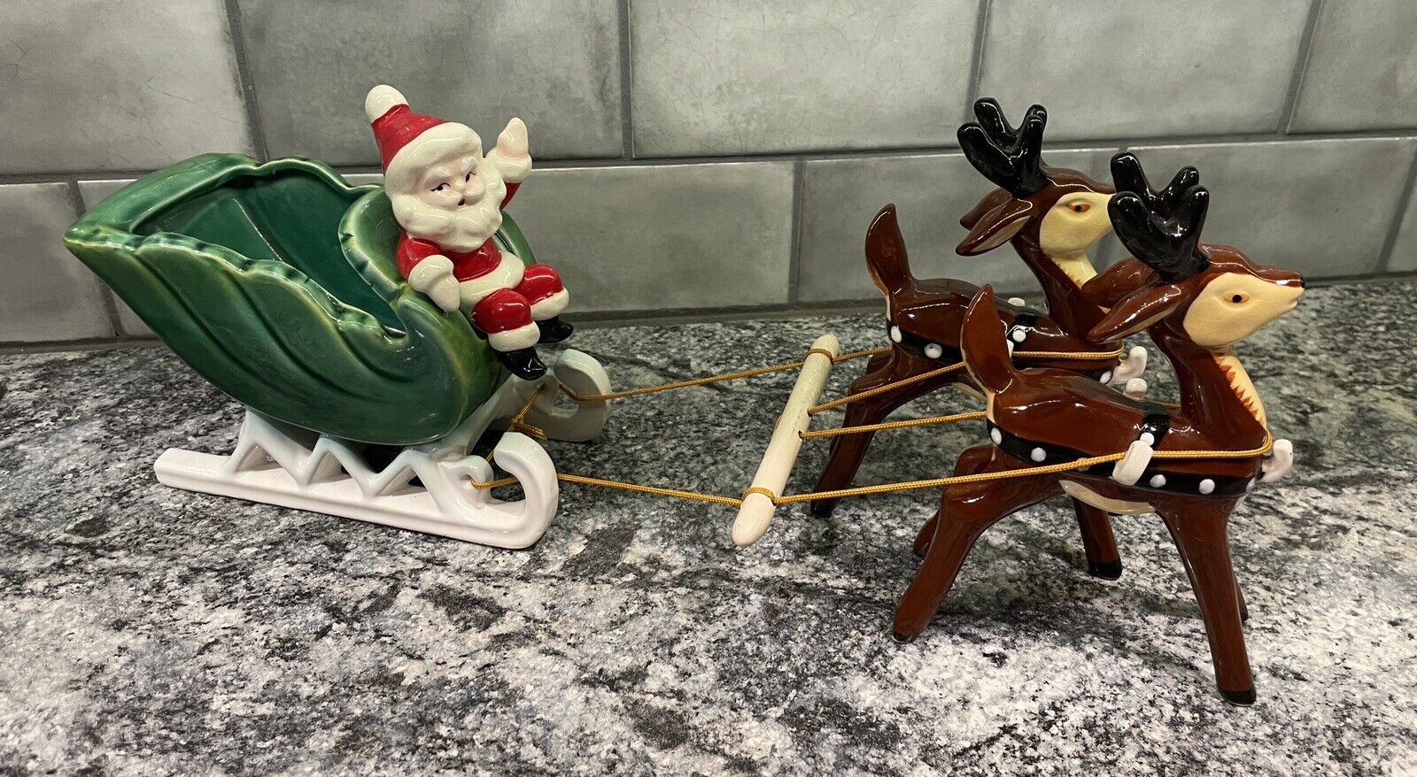 Vtg NAPCO Christmas WAVING SANTA Sleigh TWO Prancing Reindeer HITCH & REINS     